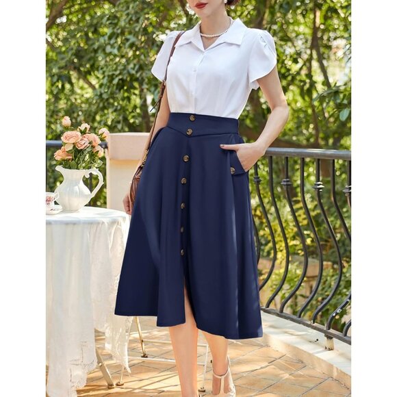 Womens A Line Midi Skirt Vintage Swing Skirt High Waisted Pleated Skirt - Picture 2 of 6